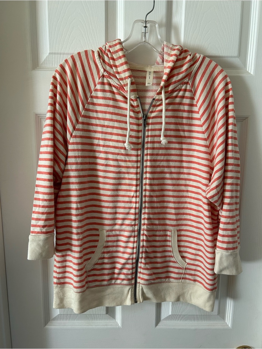 Striped Zip-Up Hooded Jacket in Coral and Cream